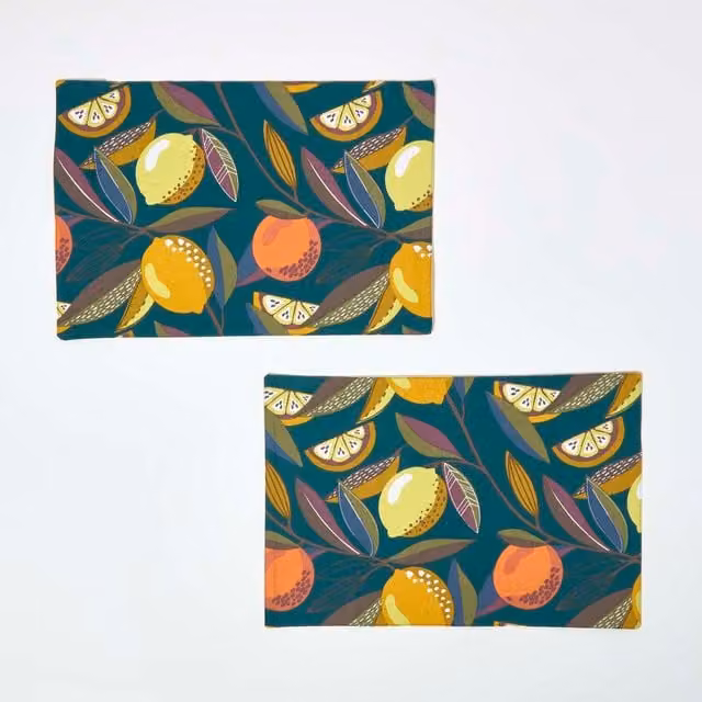 Homescapes Set of 2 Floral Cotton Placemats in Multicolour (Yellow, Orange, Green)
