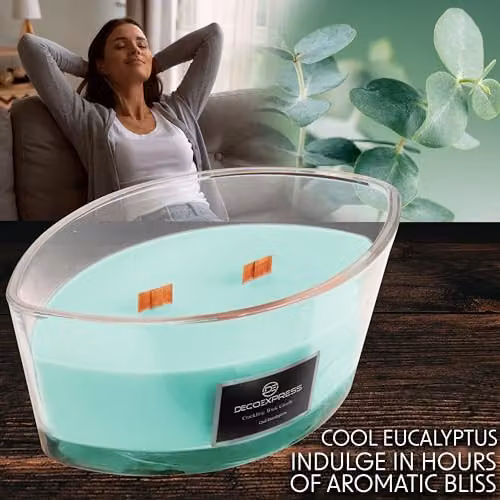 Deco Express Cool Eucalyptus Scented Woodwick Candle in Green with 50 Hour Burn Time – 3