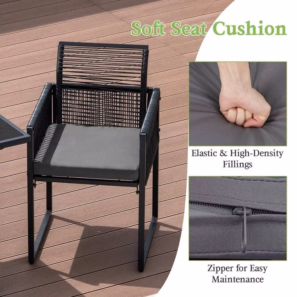 FLAVORA Grey Foldable Rattan Chair and Table Set in Black – 6