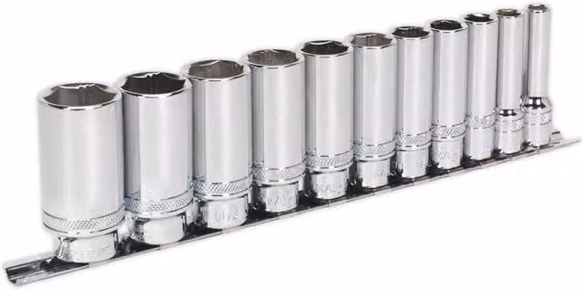 Loops 11 Pack 3/8 Inch Imperial Square Drive 6 Point Deep Socket Set with Lock-On Rounded Heads in Chrome Vanadium Steel