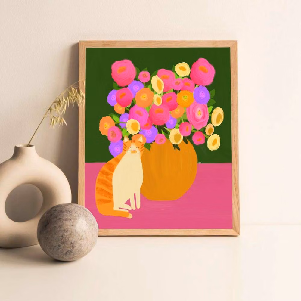The Paper Tail Ginger Cat and Roses Multicolour Floral Art Print A5 – 3