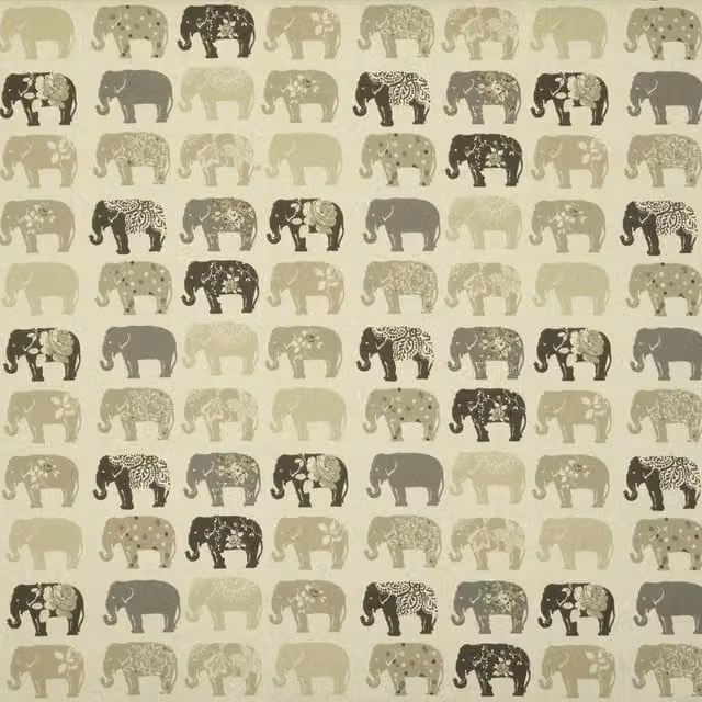 Clarke & Clarke Elephants Fabric in Beige and Grey