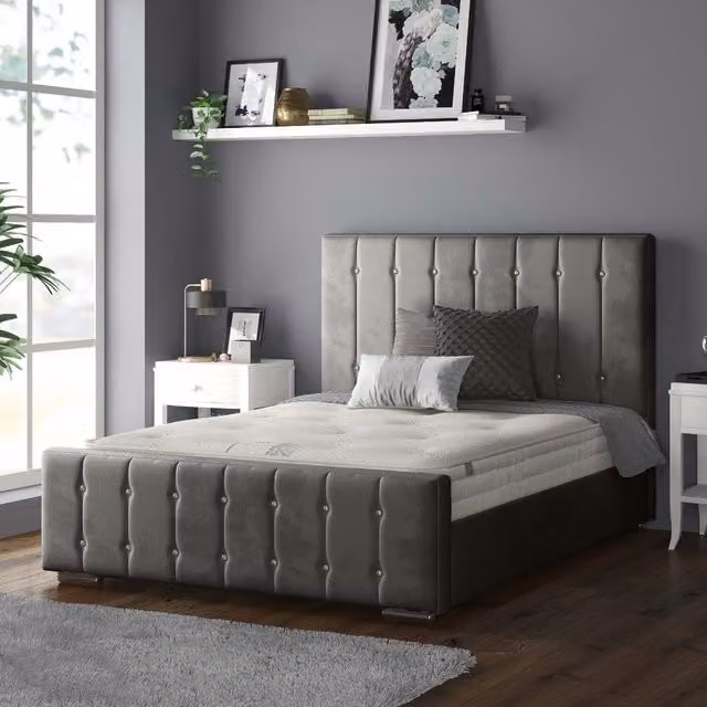 IH Design Striped Upholstered Plush Velvet Bed Frame in Grey, W/D/H: 90 x 200 cm