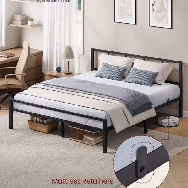 VASAGLE Metal Platform King Bed Frame with Headboard and Slats, Black, W/D/H: 150 x 200 x 87 cm