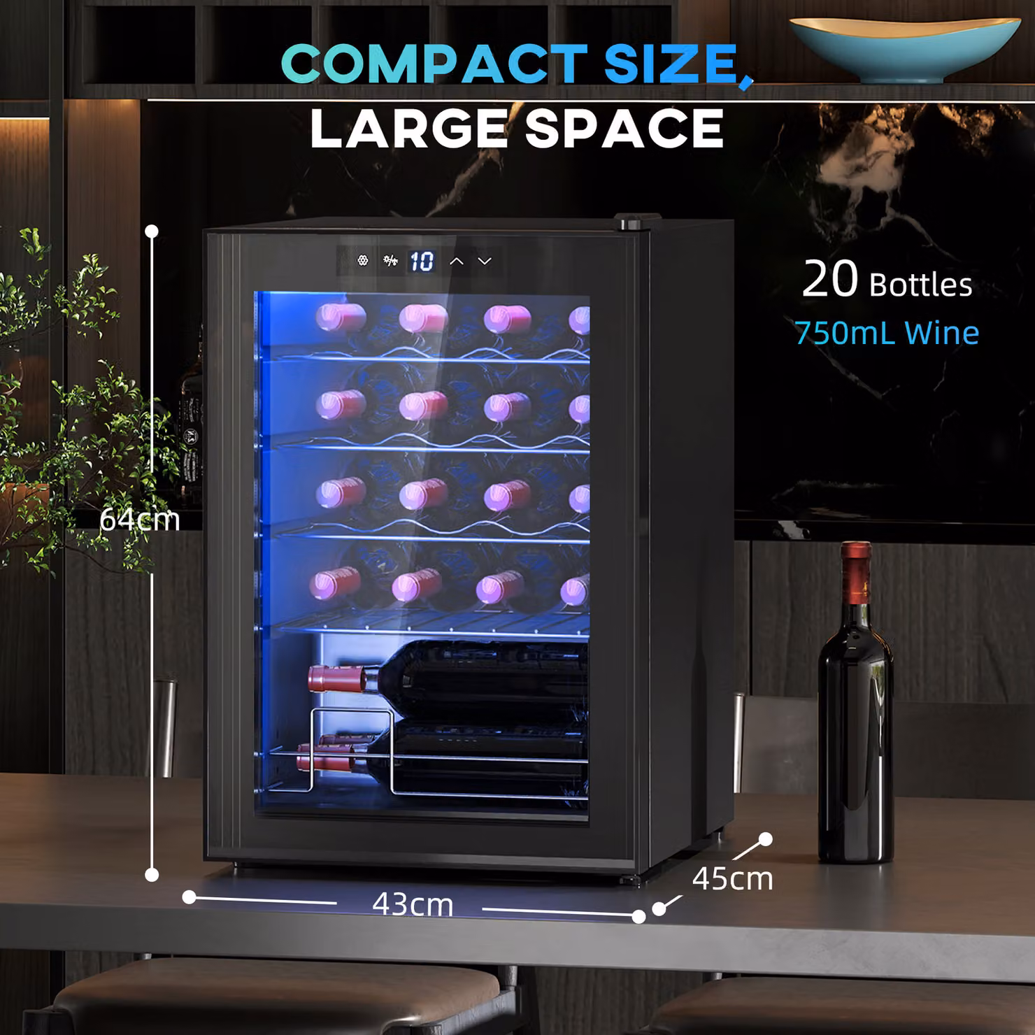 HOMCOM Black Countertop Compressor Wine Fridge with Glass Door, 20 Bottle Capacity, 5-18C – 3