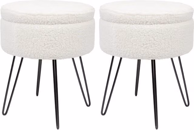 Harbour Housewares Pack of 2 Round Boucle Storage Footstools with Hairpin Legs, Cream and Black, H46 x D37 cm