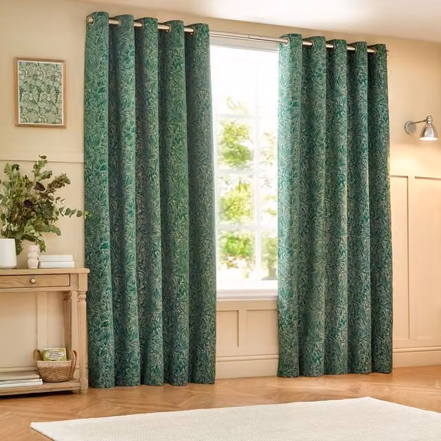 Grantley Set of 2 Emerald Green Floral Jacquard Eyelet Curtains, W: 137 cm, H: 229 cm