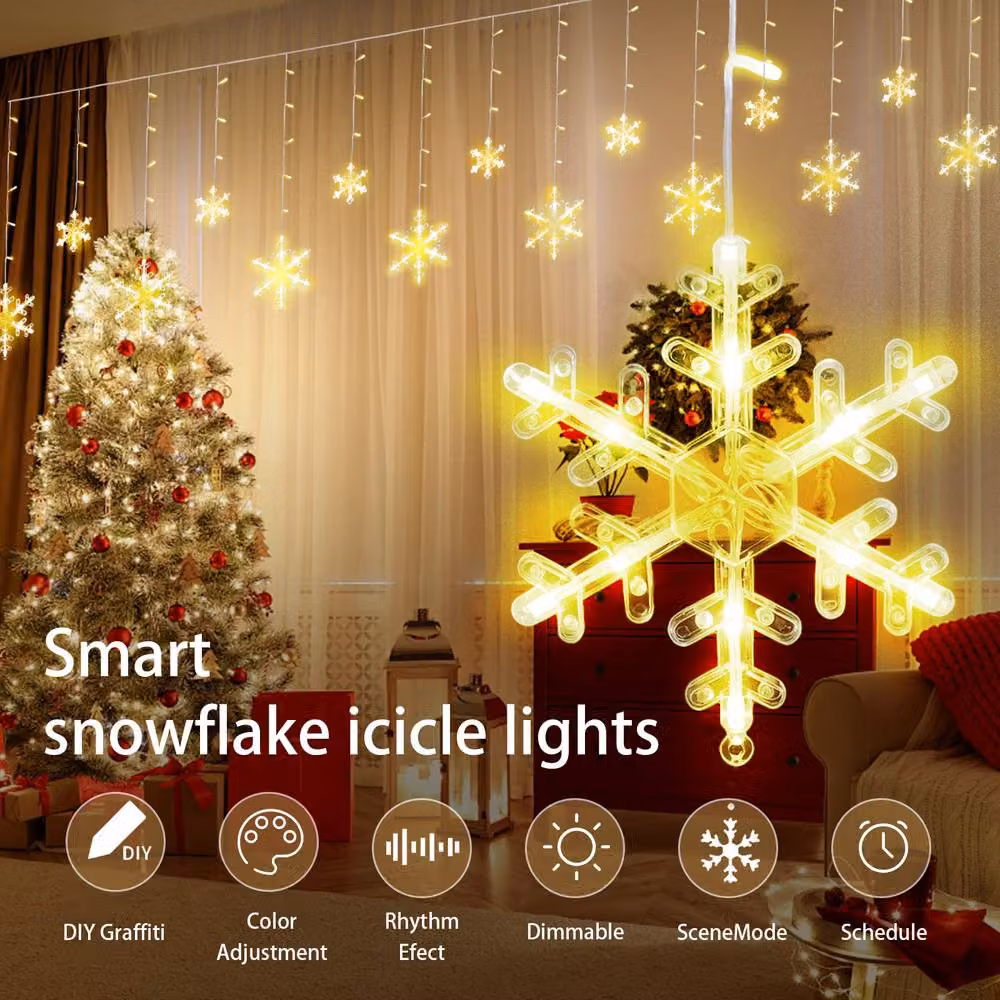 Bright Zeal Smart Snowflake Icicle Lights, 156 RGB LEDs with 12 Drops, White, 12ft – 2