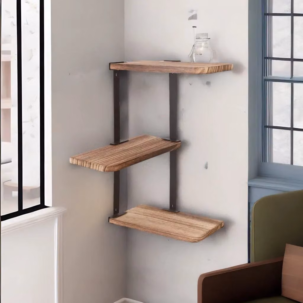 Pirlo Plush 3 Tier Wall Mounted Floating Corner Shelf in Rustic Brown – 3