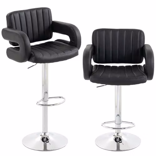 HOMCOM Set of 2 Black PU Leather Adjustable Bar Stools with Armrests and 360 Degree Swivel – 1