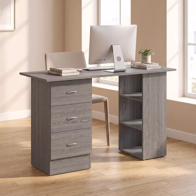 STILVORA Modern Grey Computer Desk with 3 Drawers and 3 Shelves, W: 120 cm, H: 72 cm