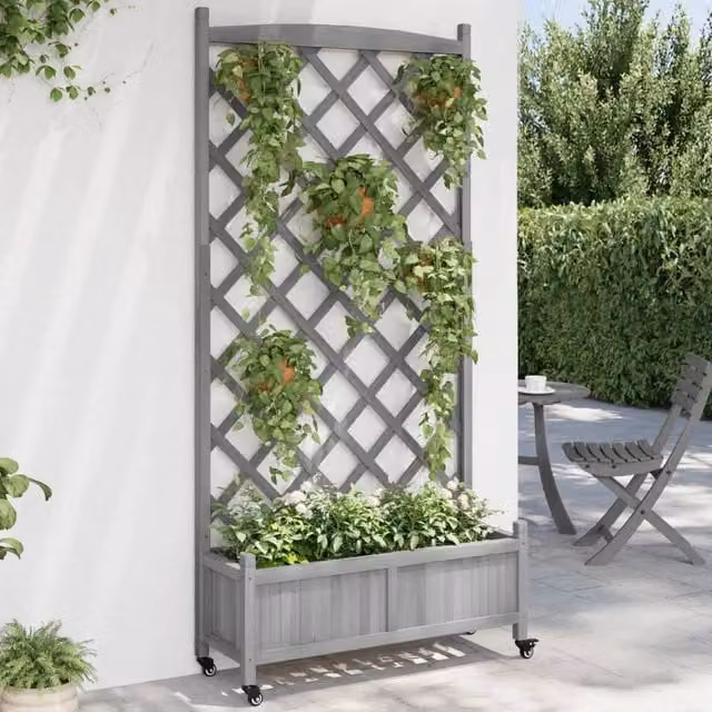 Berkfield Home Grey Solid Wood Planter with Trellis and Wheels