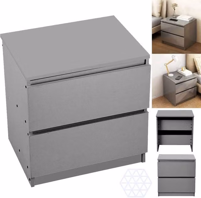 FORGEVIO Grey Wooden Bedside Table with 2 Drawers and Matt Finish