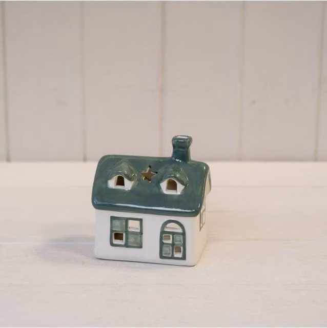 KDMD White and Green Ceramic House Tealight Holder