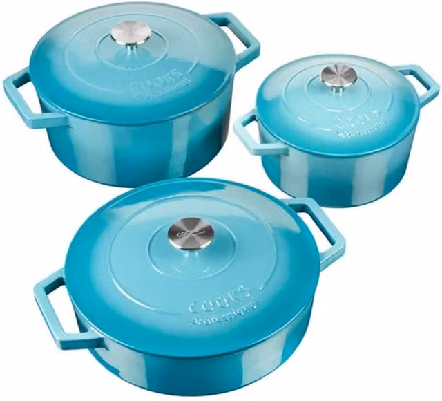 Cooks Professional Set of 3 Enamelled Cast Iron Casserole Dishes with Lids in Teal, Turquoise and Petrol