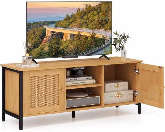 Gymax Boho PE Rattan Media Console Table for TVs up to 55 inch, Beige – 1