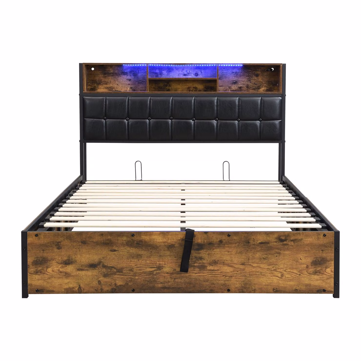 Aosom UK Double Hydraulic Storage Bed with USB Charging Sockets and LED Under-Bed Lighting, Black and Neutral, L: 208 cm, W: 141 cm, H: 107 cm – 2