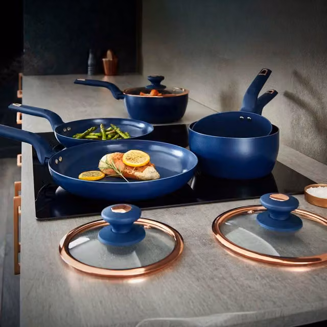 Tower 5 Piece Ceramic and Aluminium Cookware Set in Blue, Black and Gold
