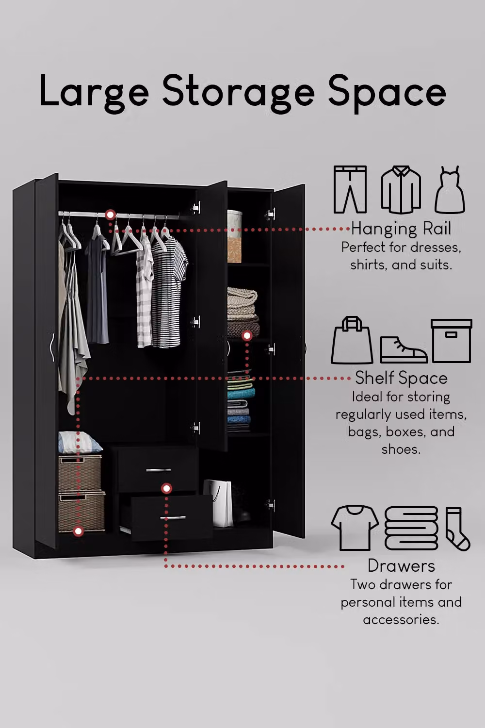 Home Discount Vida Designs Riano 3 Door 2 Drawer Mirrored Wardrobe in Matt Black – 3