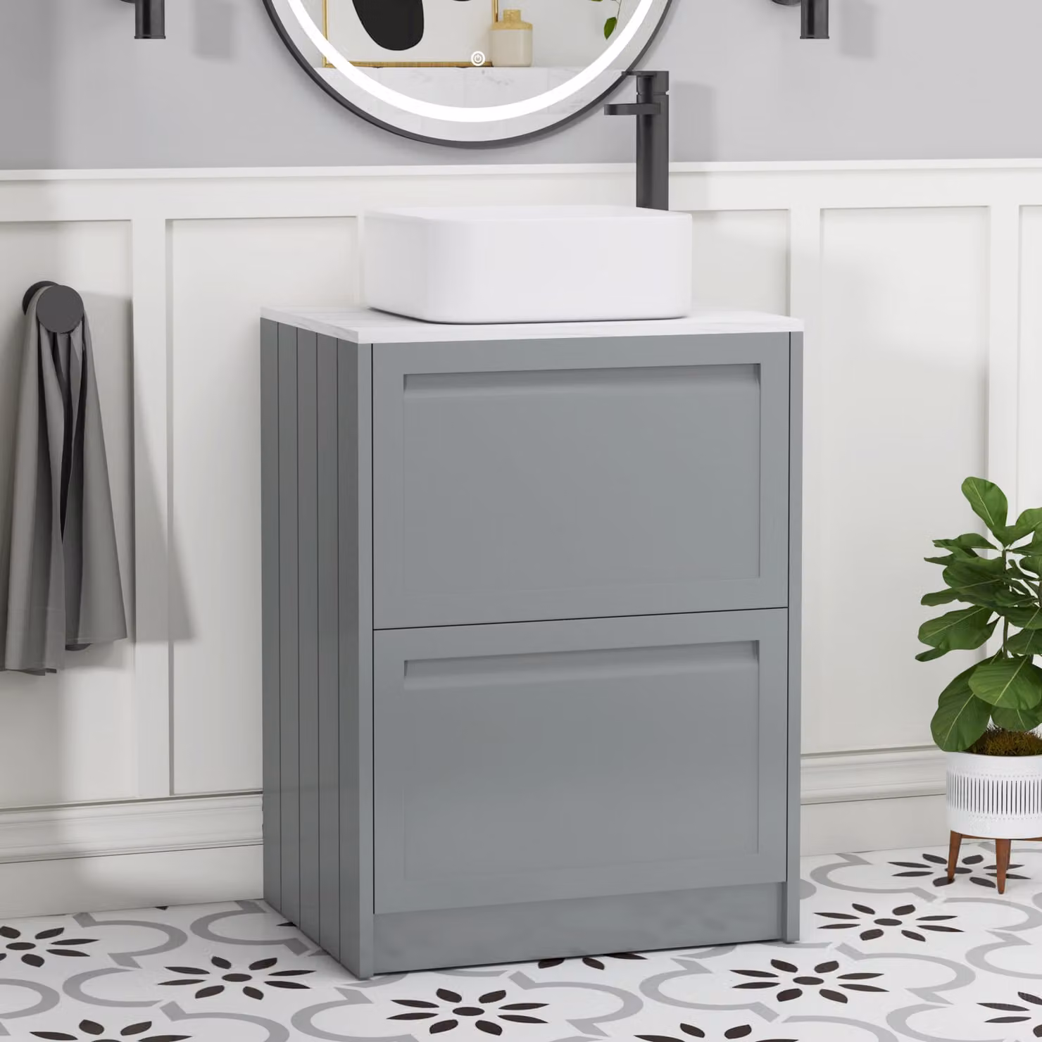 Royal Bathrooms Elmore 600mm Matt Pebble Grey Floor Standing 2 Drawer Countertop Vanity Unit with Elena Basin