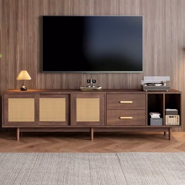 ModernLuxe Modern TV Cabinet with 2 Drawers and Rattan Sliding Doors in Dark Brown, W/D/H: 190 x 40 x 52 cm – 1