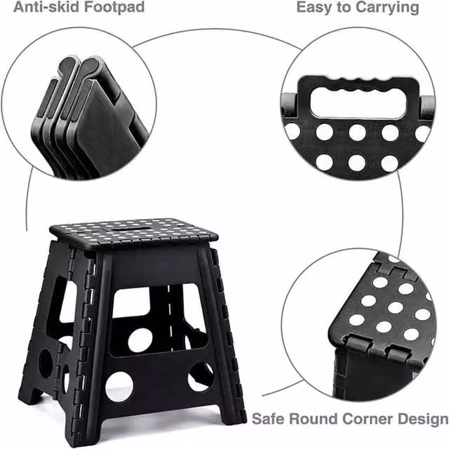 NESTLUNE Multi-Purpose Folding Step Stool with Handle, Black, 150kg Capacity, W/D/H: 38.5 x 39.5 x 28.8 cm