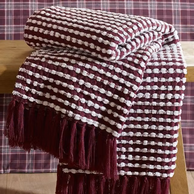 Catherine Lansfield Stab Stitch Checked Throw with Fringes, Purple, W: 125 cm, L: 150 cm