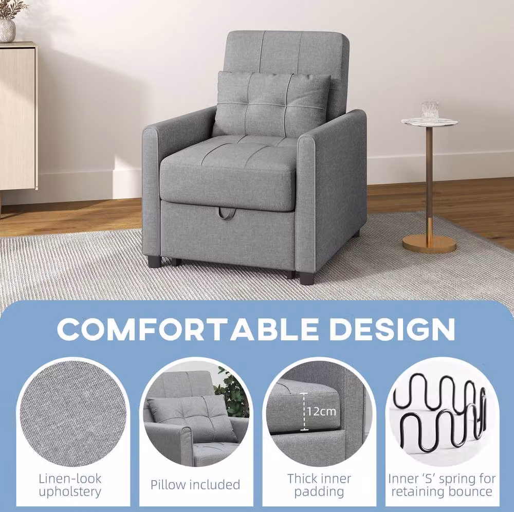 STILVORA Grey Fabric Chair Bed with Three-Position Back and Armrests – 4