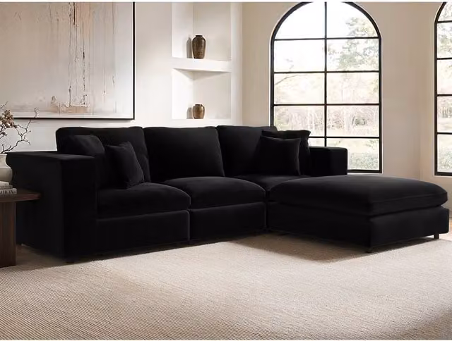 SolaceCo Asher 4 Seater L-Shape Velvet Sofa with Matching Ottoman in Black