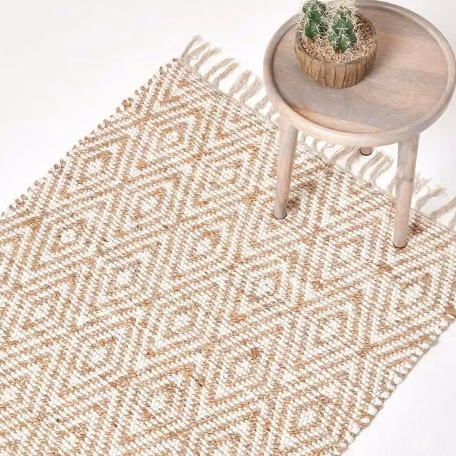 Homescapes Sierra Neutral Diamond Pattern Hemp Chindi Rug in Grey, White and Beige, Width: 150 cm