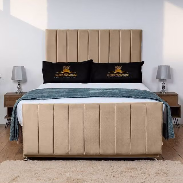 UK Bed Furniture Hampton Divan Bed Base with 26 Inch Headboard in Beige, W/D/H: 120 x 200 cm