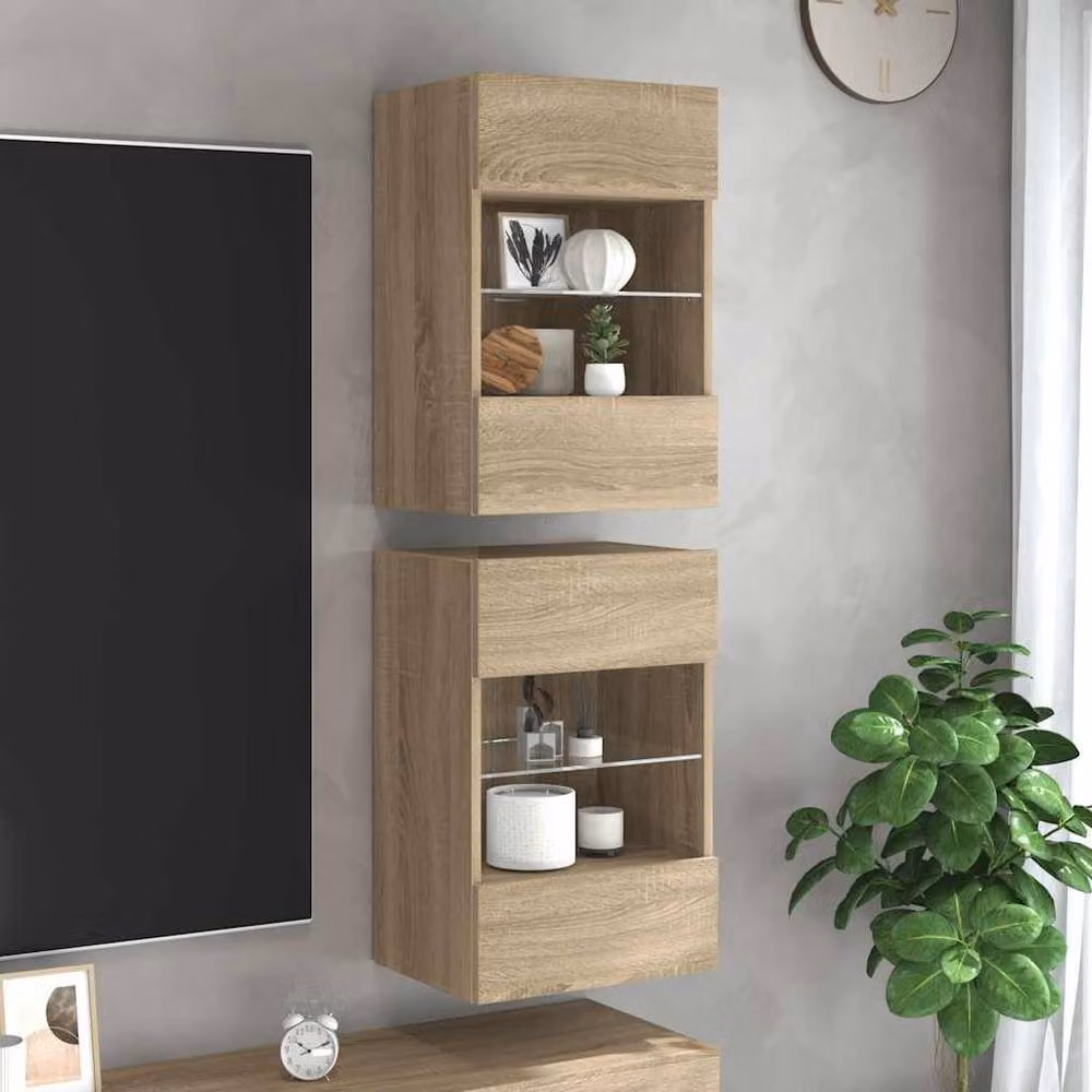 Berkfield Home Set of 2 Sonoma Oak TV Wall Cabinets with LED Lights in Light Tan, W: 40 cm, D: 30 cm, H: 60.5 cm – 2