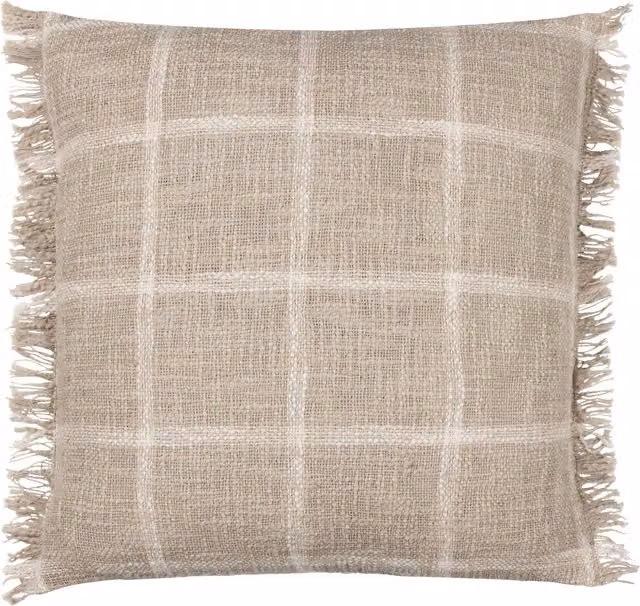 Beni Check Fringed Feather Filled Cotton Cushion in Beige and Orange