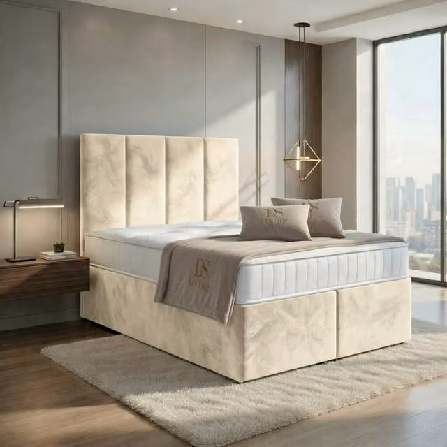 DS Living Harmony Cream Upholstered Velvet Ottoman Bed, W: 140 cm, L: 200 cm