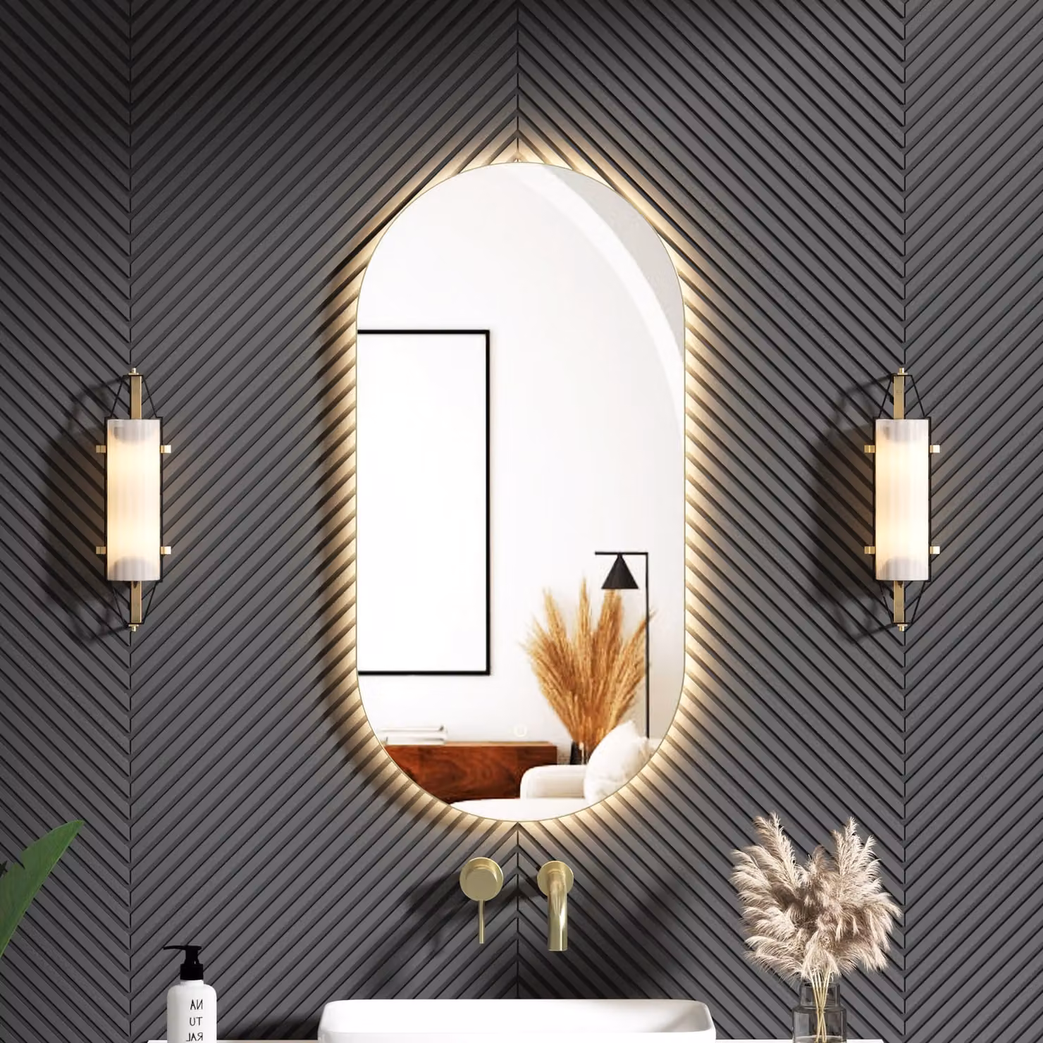 Royal Bathrooms Luton Oval Backlit LED Illuminated Framed Mirror in Brushed Brass with Demister Pad and Touch Sensor, W: 90 cm, H: 45 cm