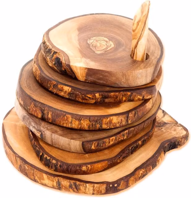 Verano Spanish Ceramics Set of 6 Round Solid Olive Wood Coasters in Natural Brown, Diameter: 9 cm – 1