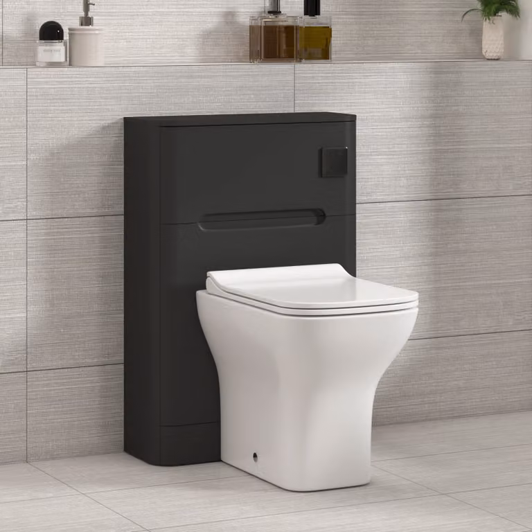 Royal Bathrooms Venice Matt Nocturne Black Wall Mounted WC Unit with Qubix Ceramic Toilet Pan, Slim Seat and Cistern, Width: 55 cm