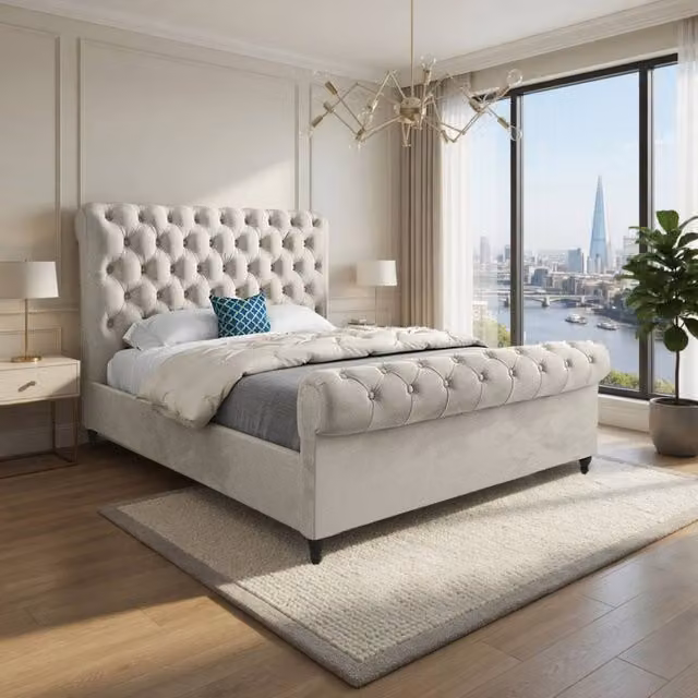 Casani Stourpaine Sleigh Upholstered Bed Frame in Beige Velvet, King Size, W/D/H: 180 x 200 cm