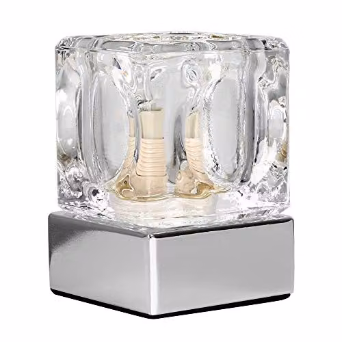 ValueLights Cube Modern Glass Table Lamp with Chrome Base, Dimmable Touch Control, Silver and Transparent – 1