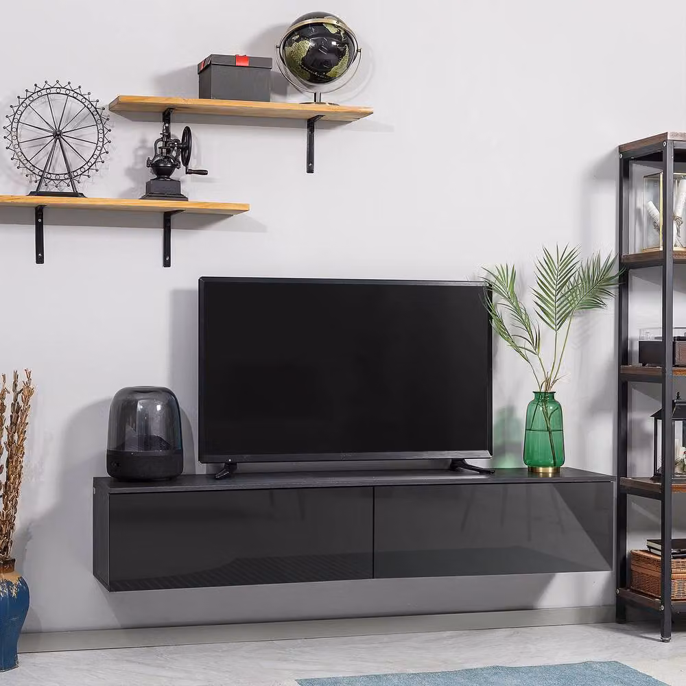 STILVORA Modern Glossy Black Floating TV Unit with 2 Cupboards – 2