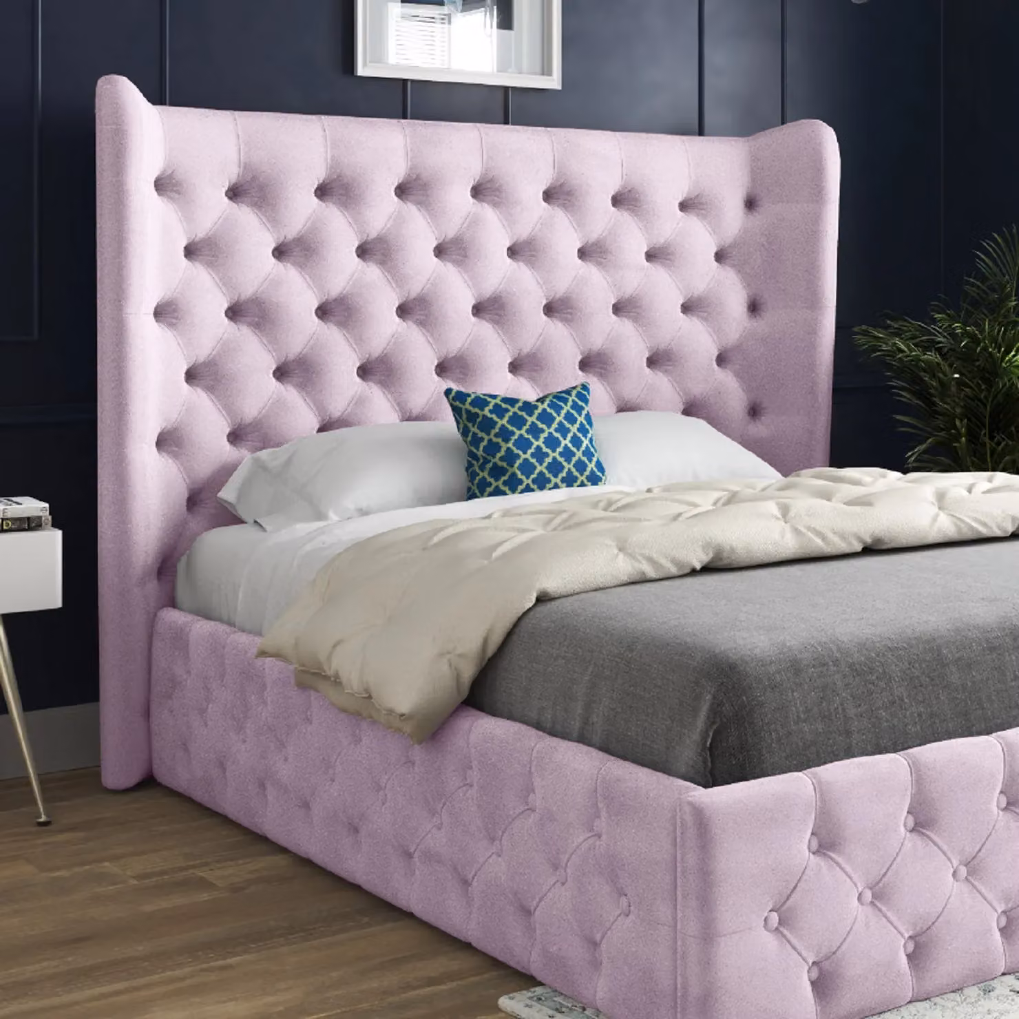 KDMD Florence Wide Winged Upholstered Velvet Bed Frame in Pink, W/D/H: 180 x 137 x 189 cm – 2