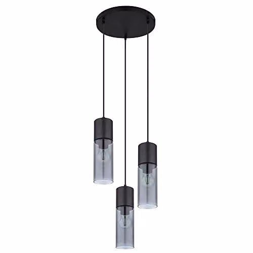Globo Lighting Modern 3-Bulb Pendant Light with Smoke Glass Shades and Black Metal, H 150 x W 30 x D 30 cm