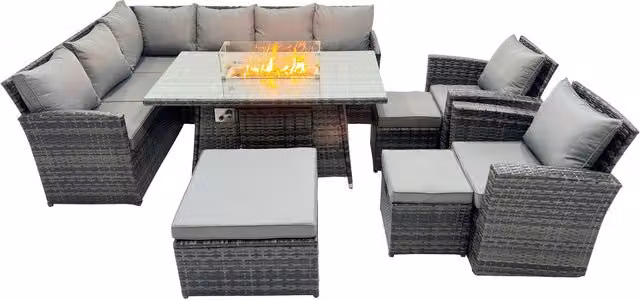 Fimous 11-Seat Poly Rattan Outdoor Sofa Set with Fire Pit Table in Dark Grey Mixed