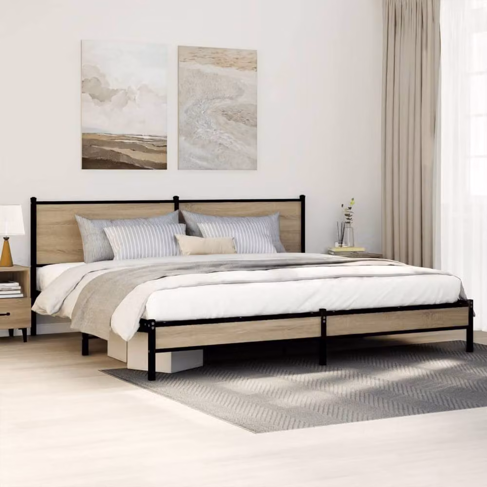 Berkfield Home Metal and Wood Bed Frame in Sonoma Oak and Brown, 200 x 200 cm – 2
