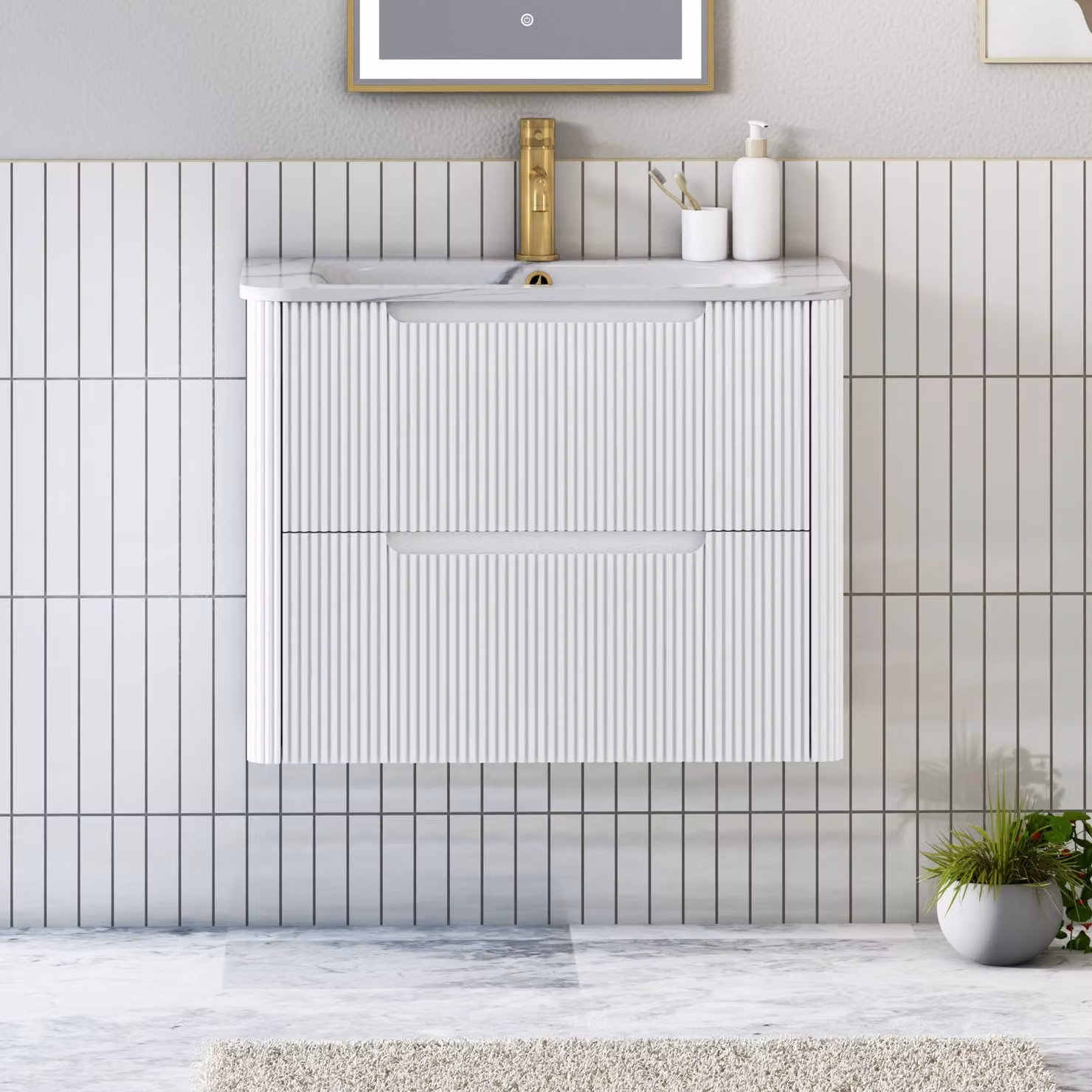 Royal Bathrooms Avenza 700mm Matt White Wall Hung Vanity Unit with 2 Drawers and Carrara White Basin