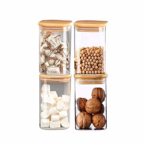 Simpa Set of 4 Square Glass Food Storage Jars with Airtight Bamboo Lids, 1100ml, Transparent