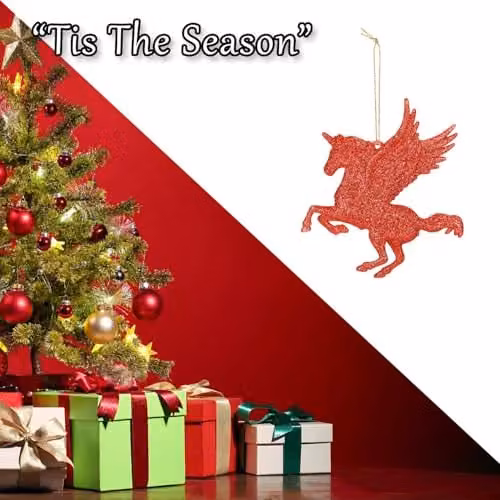 VFM e-Store Red Glitter Flying Unicorn Hanging Christmas Tree Decoration, Height: 21.5 cm – 5