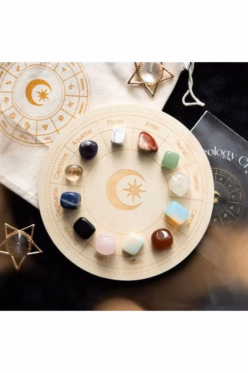 Something Different Astrology Crystal Grid Set with Multicolour Crystals and Wooden Geometric Base – 4