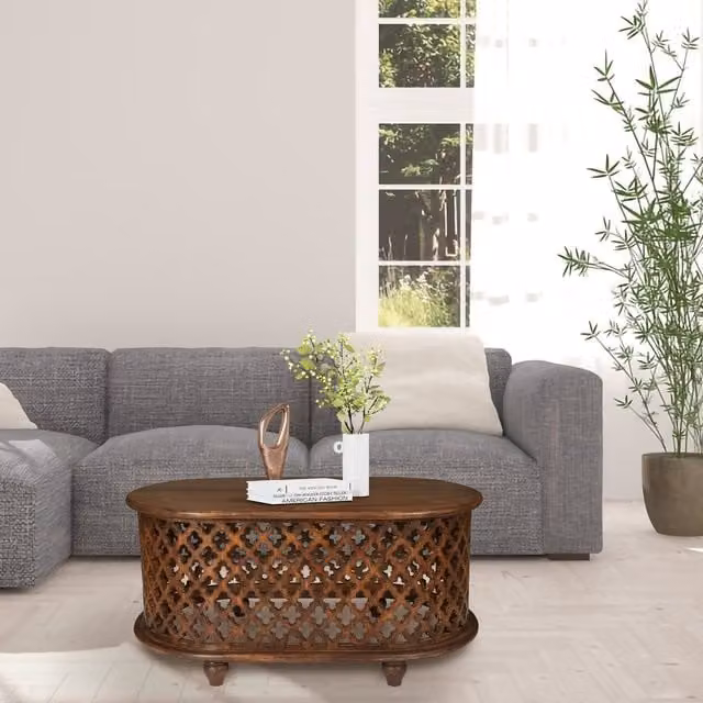 Topfurnishing Big Oval Mango Wood Carved Coffee Table in Brown