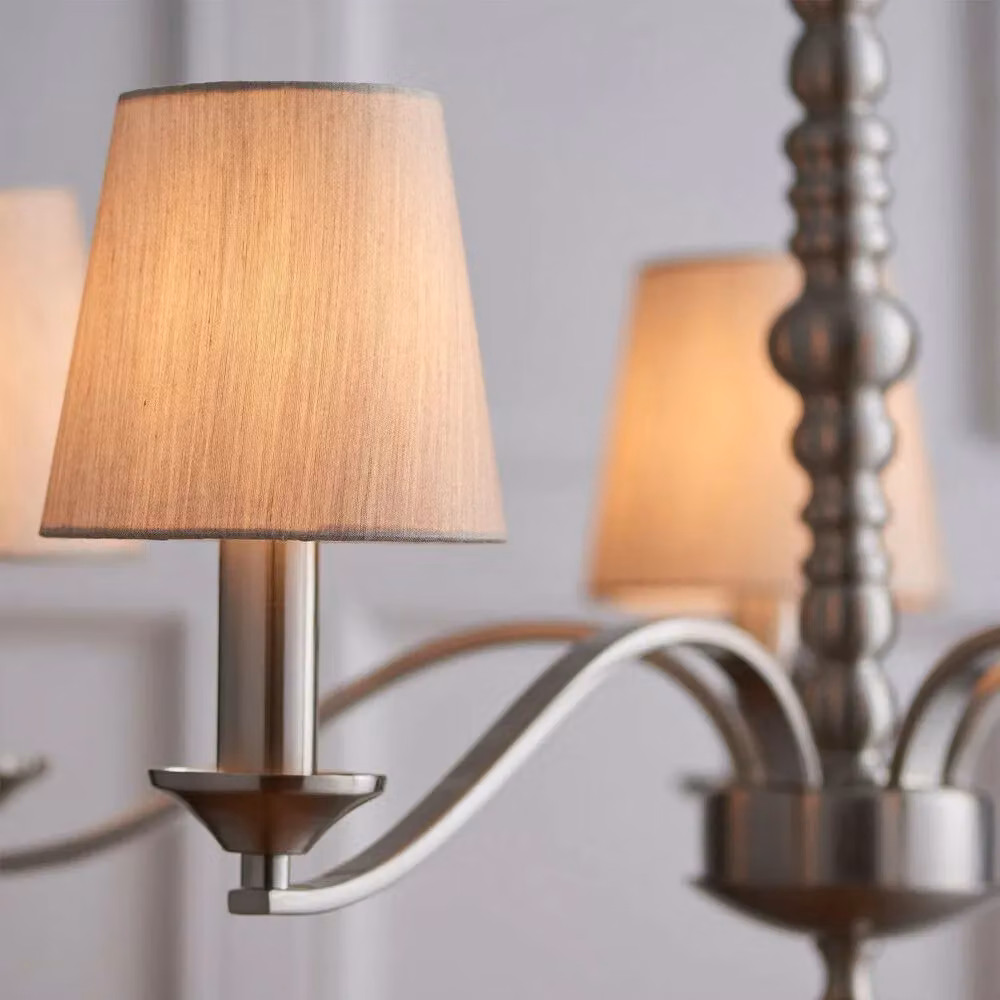 Loops 5-Shade Hanging Ceiling Pendant Light in Silver Satin Nickel with Beige Fabric Shades – 2